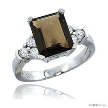 Size 8 - 10K White Gold Natural Smoky Topaz Ring Emerald-shape 9x7 Stone  - £639.65 GBP