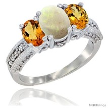 Size 6.5 - 14k White Gold Ladies Oval Natural Opal 3-Stone Ring with Citrine  - £563.13 GBP