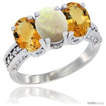 Size 6.5 - 14K White Gold Natural Opal &amp; Citrine Sides Ring 3-Stone 7x5 mm Oval  - £576.07 GBP