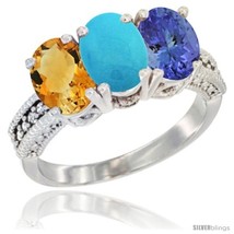 Size 9 - 14K White Gold Natural Citrine, Turquoise &amp; Tanzanite Ring 3-Stone 7x5  - £622.76 GBP