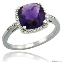 Size 9 - Sterling Silver Diamond Natural Amethyst Ring 2.08 ct Cushion cut 8 mm  - £139.00 GBP