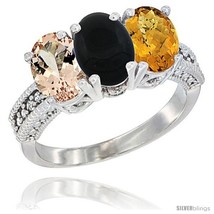 Size 8 - 10K White Gold Natural Morganite, Black Onyx &amp; Whisky Quartz Ring  - £463.62 GBP