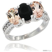 Size 8.5 - 10K White Gold Natural Black Onyx &amp; Morganite Sides Ring 3-Stone  - £485.29 GBP