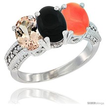 10K White Gold Natural Morganite, Black Onyx &amp; Coral Ring 3-Stone Oval 7x5 mm  - £462.26 GBP
