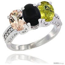 Size 5.5 - 10K White Gold Natural Morganite, Black Onyx &amp; Lemon Quartz Ring  - £463.62 GBP