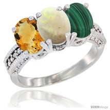 Size 7.5 - 14K White Gold Natural Citrine, Opal &amp; Malachite Ring 3-Stone 7x5 mm  - £566.04 GBP