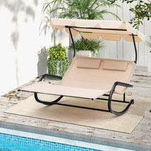 Outdoor 2-Person Double Rocking Chaise Lounge w/ Wheels Metal Frame &amp; Canopy - £198.52 GBP