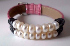 Sterling Silver Pearl Bead Scroll Pink Leather Strap Bracelet Adjusts 6 1/2&quot;-8&quot; - £31.39 GBP