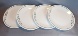 Corelle Rosemarie Dinner Plates 10.25&quot; Green Bands Mauve Pink Tulips Set of Four - £14.65 GBP