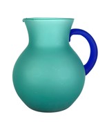 Art Glass Frosted Satin Pitcher Turquoise Green Body Blue Handle 7” Tall - £41.79 GBP