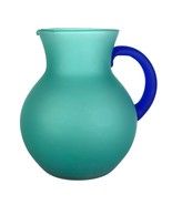 Art Glass Frosted Satin Pitcher Turquoise Green Body Blue Handle 7” Tall - $53.27