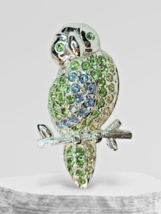 Vintage Monet Silver Tone Owl Bird Green Blue Rhinestones Brooch Pin - $16.83