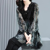 Elegant Vintage Ruffled Print Chiffon Shirt Woman 2022 Spring  Velvet work Loose - £58.74 GBP