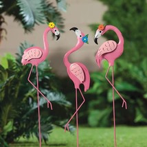 Set of 3 Pretty In Pink Flamingo Metal Garden Planter Stakes Yard Lawn A... - $26.53