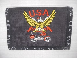 Tri-Fold Wallet Billfold USA Eagle Motorcycle Embroidery Design Metal Chain - £12.37 GBP