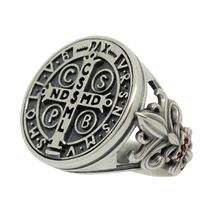 Saint Benedict Medal Silver 925 Men's Women's Ring Fleur de Lis - $130.20