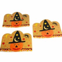 Vtg Halloween Witch Hat Pumpkin  Candy Corn Bat Vinyl Table Placemats Se... - £19.70 GBP