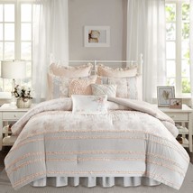 7 Piece White Grey Pink Boho Chic Comforter Queen Set Floral Bedding Elegant - $146.51