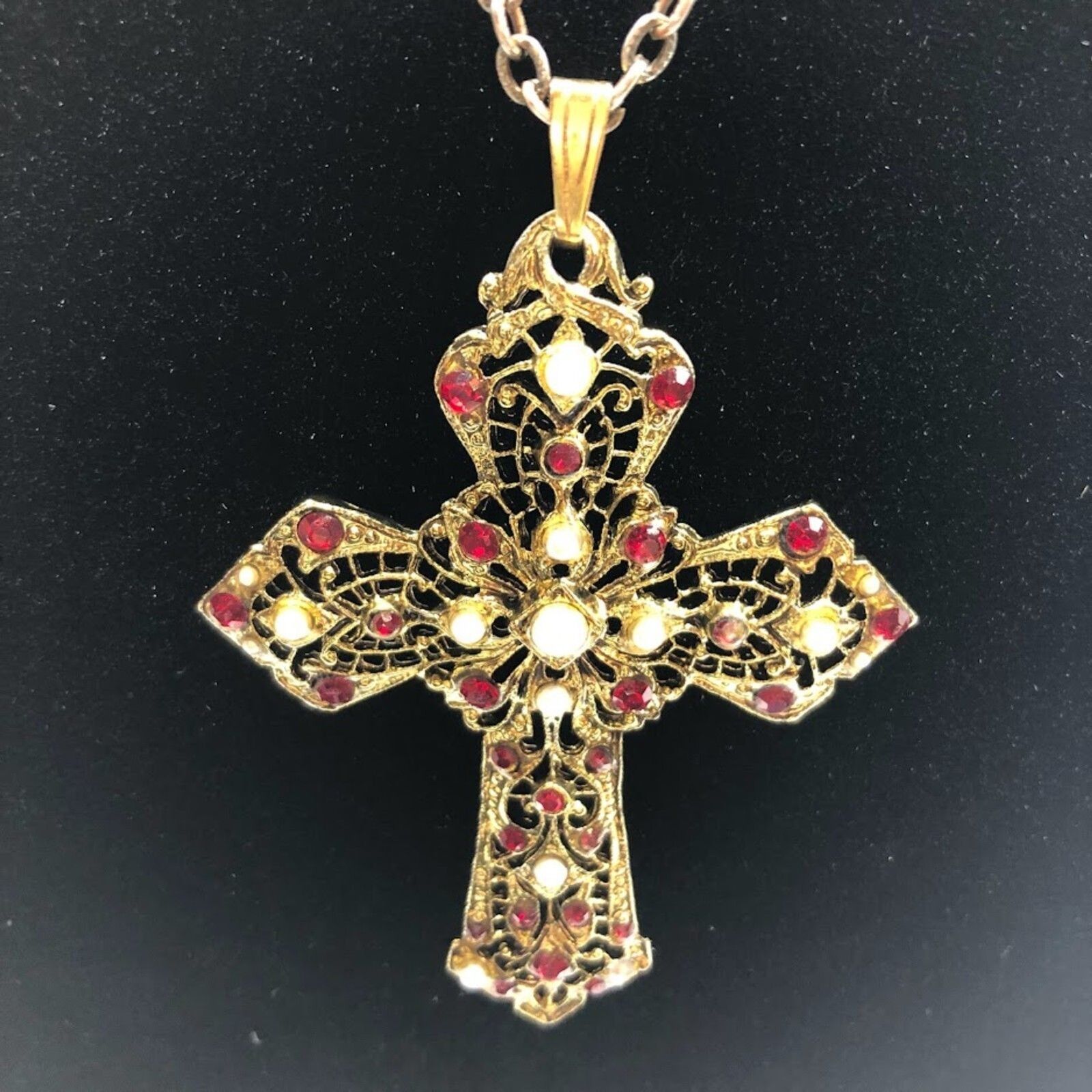 Primary image for Vintage Ornate Decorative Cross Women's Gold Tone Faux Pearls Pendant Elegant