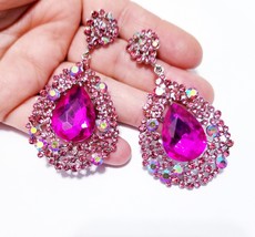 Bridesmaid Drop Earrings, Pink AB Chandelier Earrings, Rhinestone Austrian Cryst - £32.31 GBP