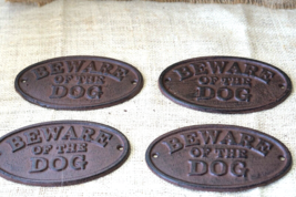 4 Beware Of The Dog Signs Rustic Wall Decor Fence Kennel Sign Cast Iron Warning - £29.46 GBP