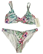 TiniBikini Two Piece Bikini Swimsuit White with Flowers Ribbed Size XL - £31.28 GBP