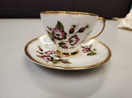 Royal Ardalt Dark Pink With Gray Leaves ~ Brushed Gold Rim ~ Tea Cup And Saucer - £17.26 GBP