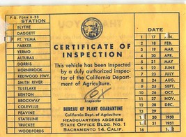 FT YUMA CALIFORNIA~CERTIFICAE OF AGRICULTURE INSTPECTION 1952 - £5.32 GBP