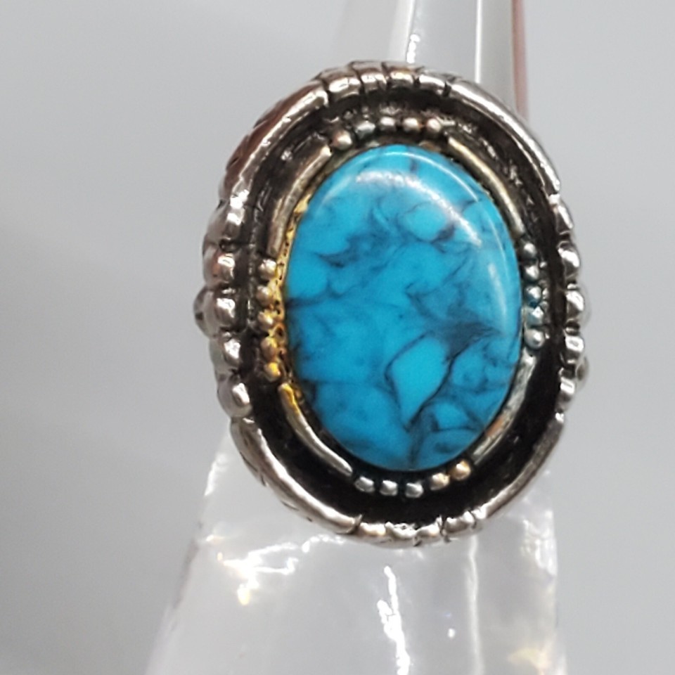Vintage ART Signed Ring Faux Turquoise Silver Tone Oval Adjustable Need ... - $12.99