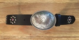 NOCONA Belt Co. Size 22 BLACK LEATHER Belt &amp; Buckle  &quot;COWGIRL&quot; Studs Rhi... - £22.33 GBP