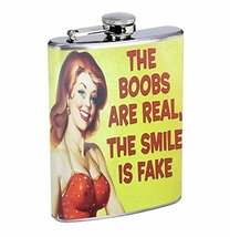 Real Boobs Fake Smile Hip Flask Stainless Steel 8 Oz Silver Drinking Whiskey Spi - £7.82 GBP