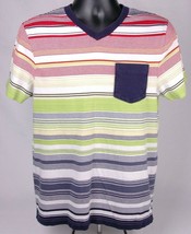 HANG TEN T Shirt-M-Striped-V Neck-Pocket-Red Green Blue - $23.55