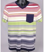 HANG TEN T Shirt-M-Striped-V Neck-Pocket-Red Green Blue - $32.20 CAD