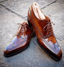 New Handmade Oxford Brown Color Leather Shoes Wing Tip Brogue Lace Up Shoes - £126.80 GBP