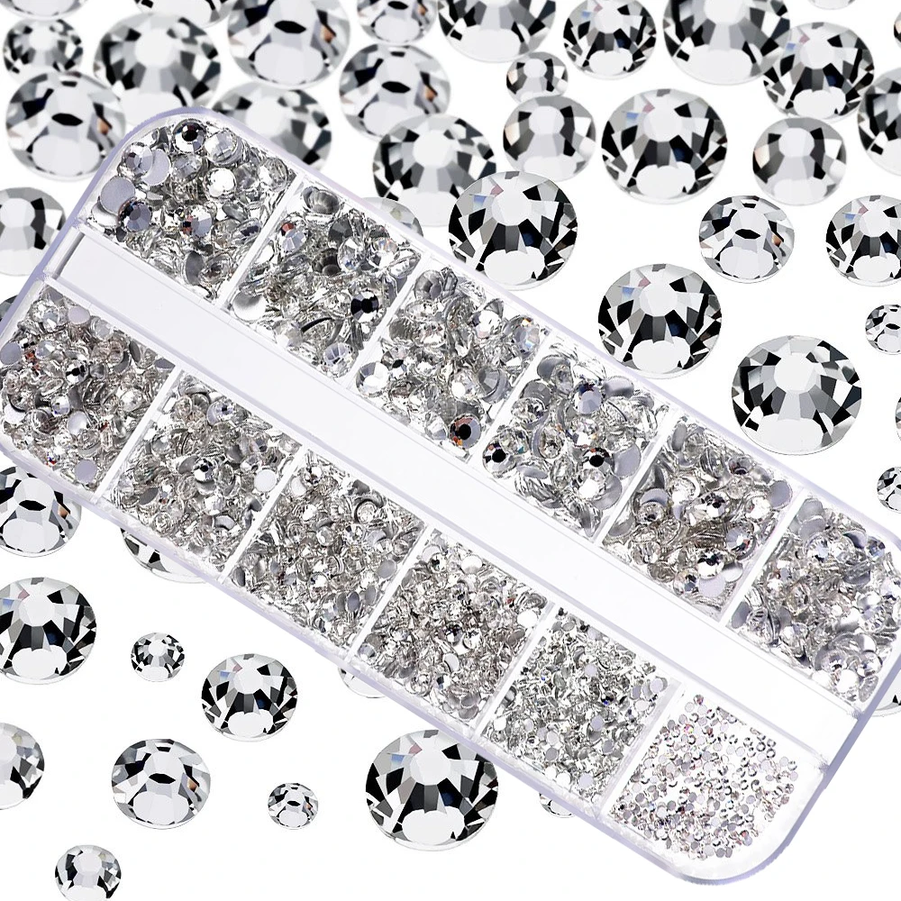 2400Pcs/box Clear/AB Nail Art Rhinestones Kit 12Grids Flat-Back Crystal Gems Set - £8.52 GBP+