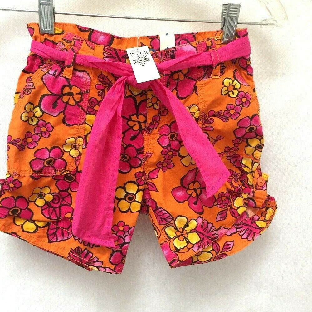 Primary image for Childrens Place Sz 8 Shorts Orange Pink Floral Belted Adjustable Pants Girls New