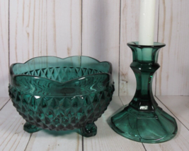 Teal Green Indiana Glass Diamond Point 4.5&quot; Bowl &amp; One 4&quot; Candlestick VINTAGE. - £10.26 GBP