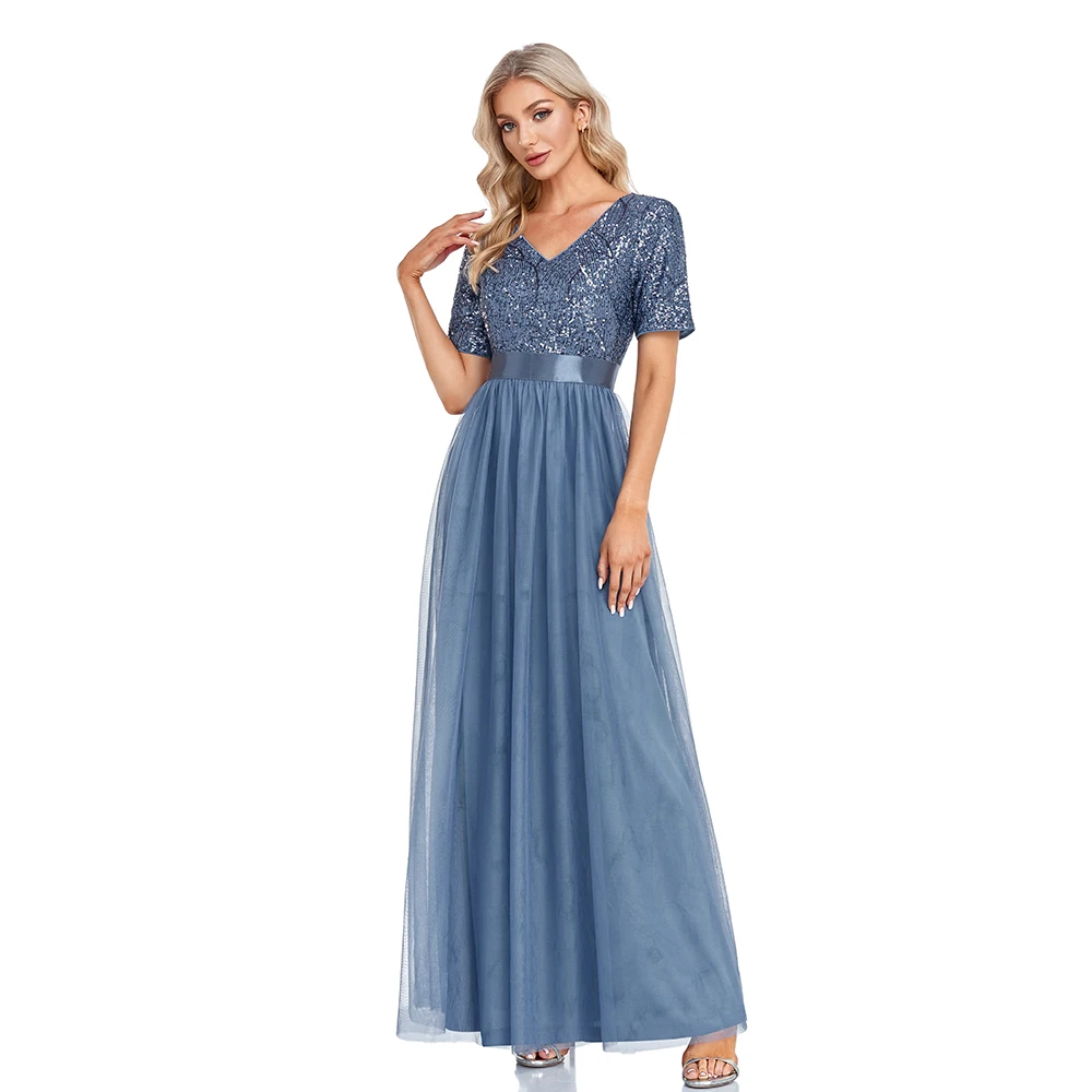 V Neck Short-Sleeve A-line Party Dress Women  Sequins Elegant Robes Elagant Gown - $121.62