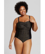 Ava &amp; Viv Swimsuit 24W 2X 3X One Piece Leopard Animal Print Slimming Black - $54.33 CAD