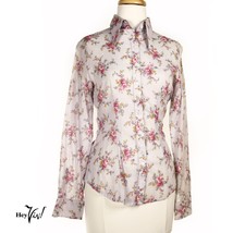 Vintage 70s Fitted Long Sleeve Semi Sheer Blue Pink Floral Blouse Sz S -... - £23.46 GBP