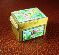 Chinese Enamel Stamp Box Asian flowers Oriental lotus blossom Trinket Ring caske - £59.87 GBP