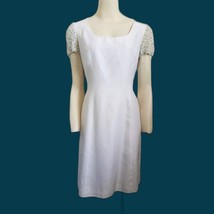 White Raw Silk Cotton Dress ITALY Embellished Short Sleeve Lined Knee We... - $118.75