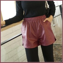 Red Wine Soft Sheepskin Faux Leather Shorts Gathered Elastic Waist and Pockets