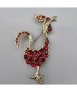 Rhinestone Rooster Brooch Pin Gold Tone Red Crystal Bird Farm Large Figural - $40.68 CAD