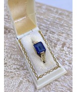 Vintage Art Deco 14k Gold &amp; Glass Blue Faux Sapphire Ring Etched Estate ... - £196.12 GBP