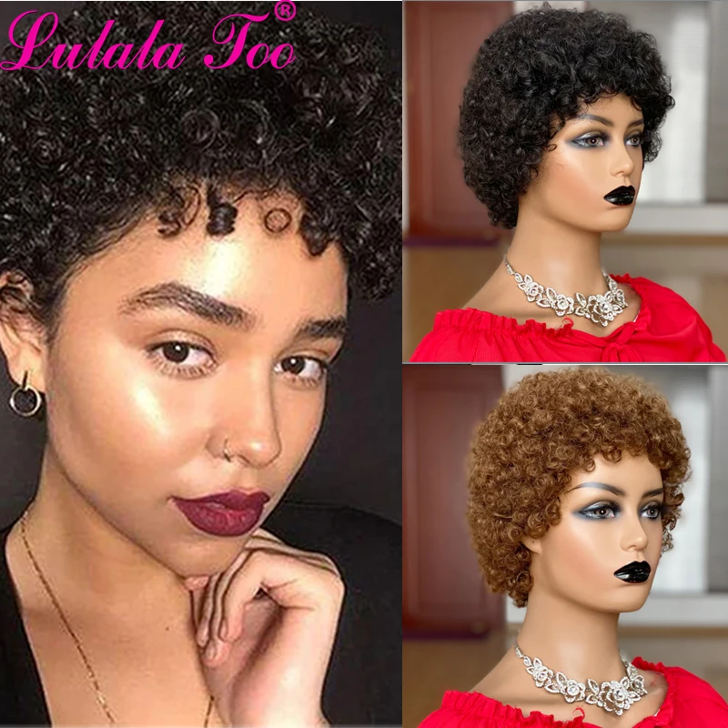 Short Afro Kinky Curly Wig Pixie Cut Wigs Brazilian Remy Hair Afro Puff Hum - £26.61 GBP
