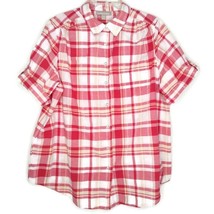 Woman Within Blouse Size 18/20 Button Front Short Sleeve Pink Plaid - £10.25 GBP