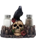 Bone Chilling Raven on Human Skull Salt and Pepper Shaker Set with Decor... - $60.44