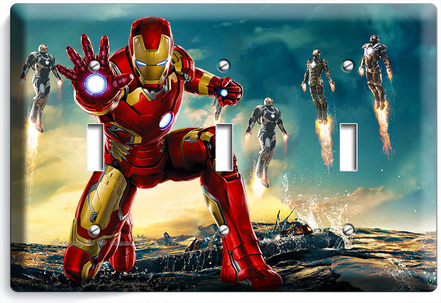 IRONMAN SUPERHERO TRIPLE LIGHT SWITCH WALL PLATE COVER BOYS BEDROOM ART IRON MAN