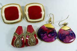Vintage Retro Lot of 3 Gold Tone metal Bright pink Enamel Earrings - £13.29 GBP
